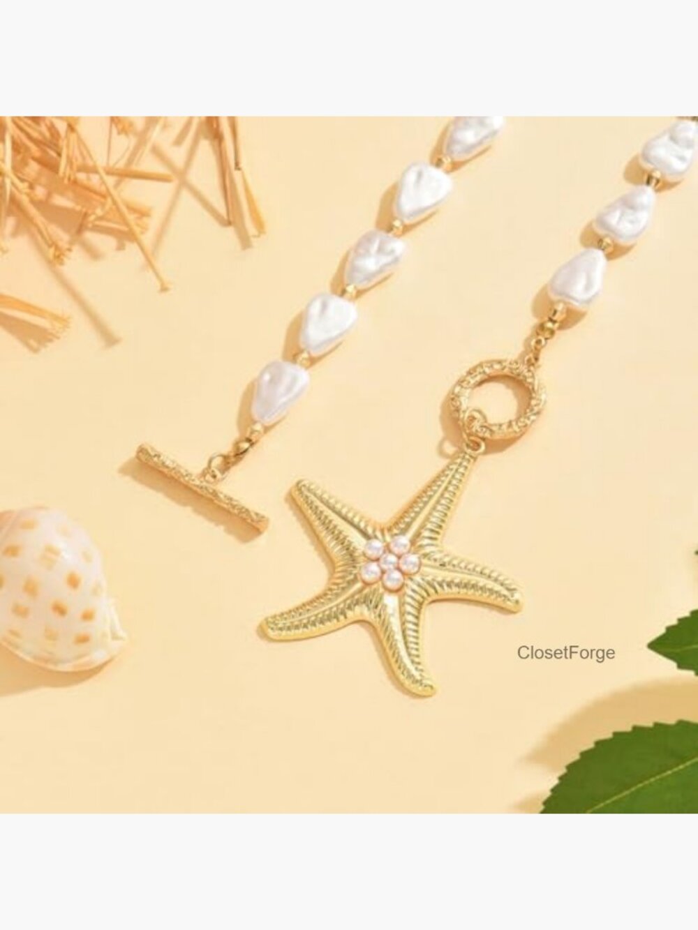 Chunky Gold Starfish Necklace with Baroque Pearl Pendant Layered Choker Beach - Picture 5 of 6